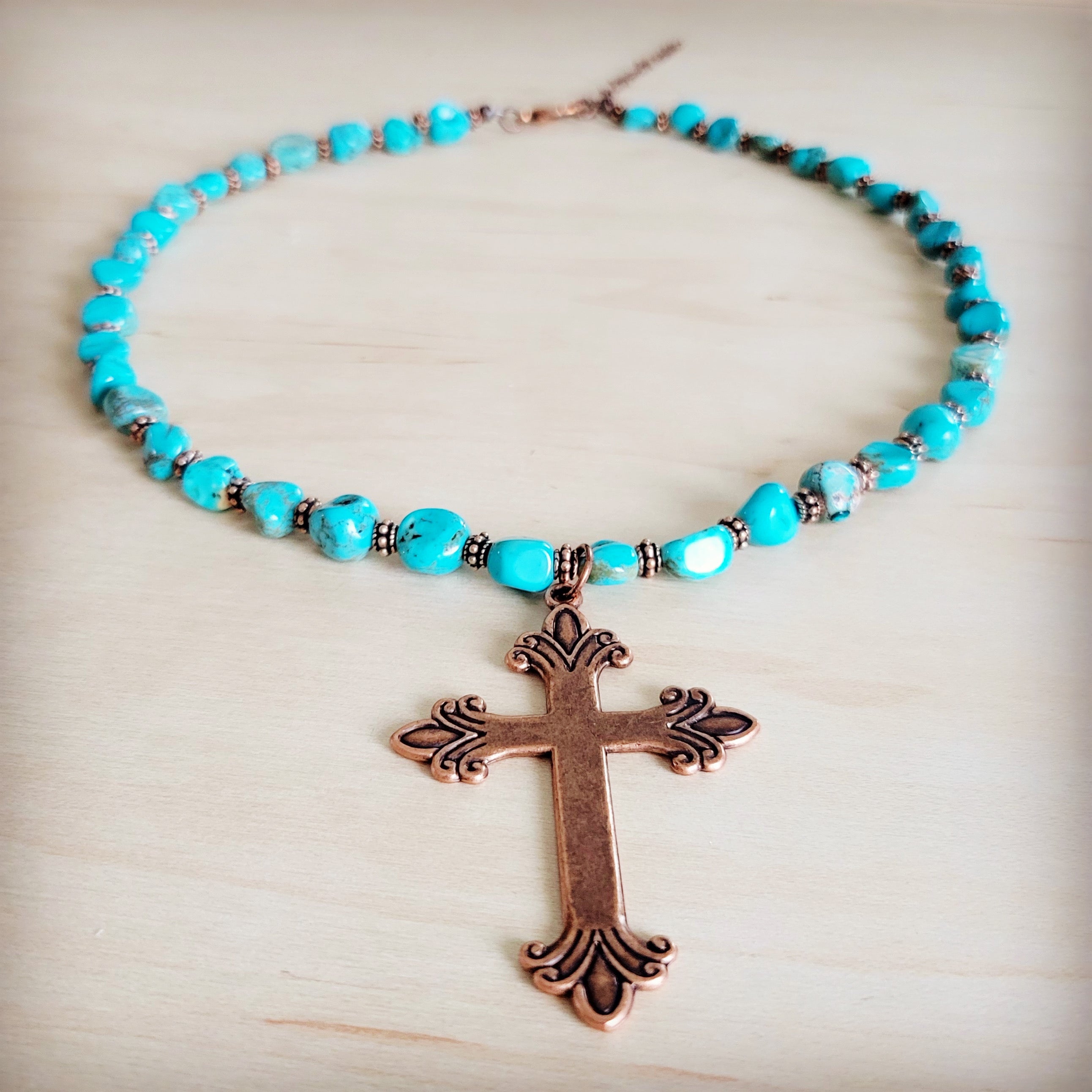 Turquoise and Copper Collar Necklace w/ Copper Cross Pendant 263z
