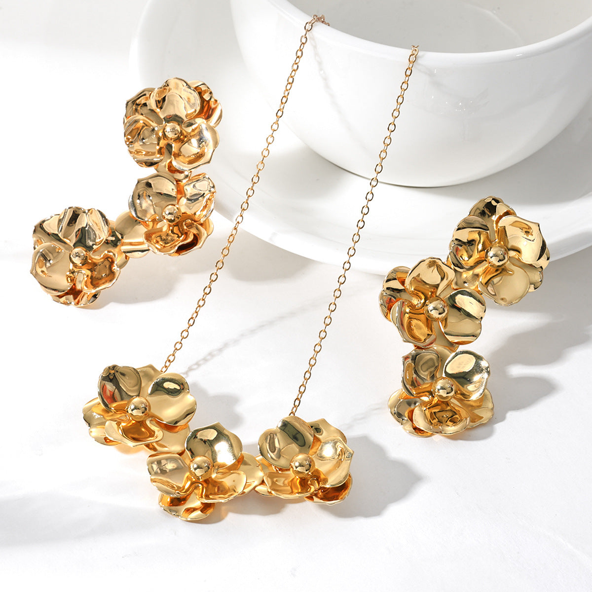 Golden Flower Necklace And Earrings For Women