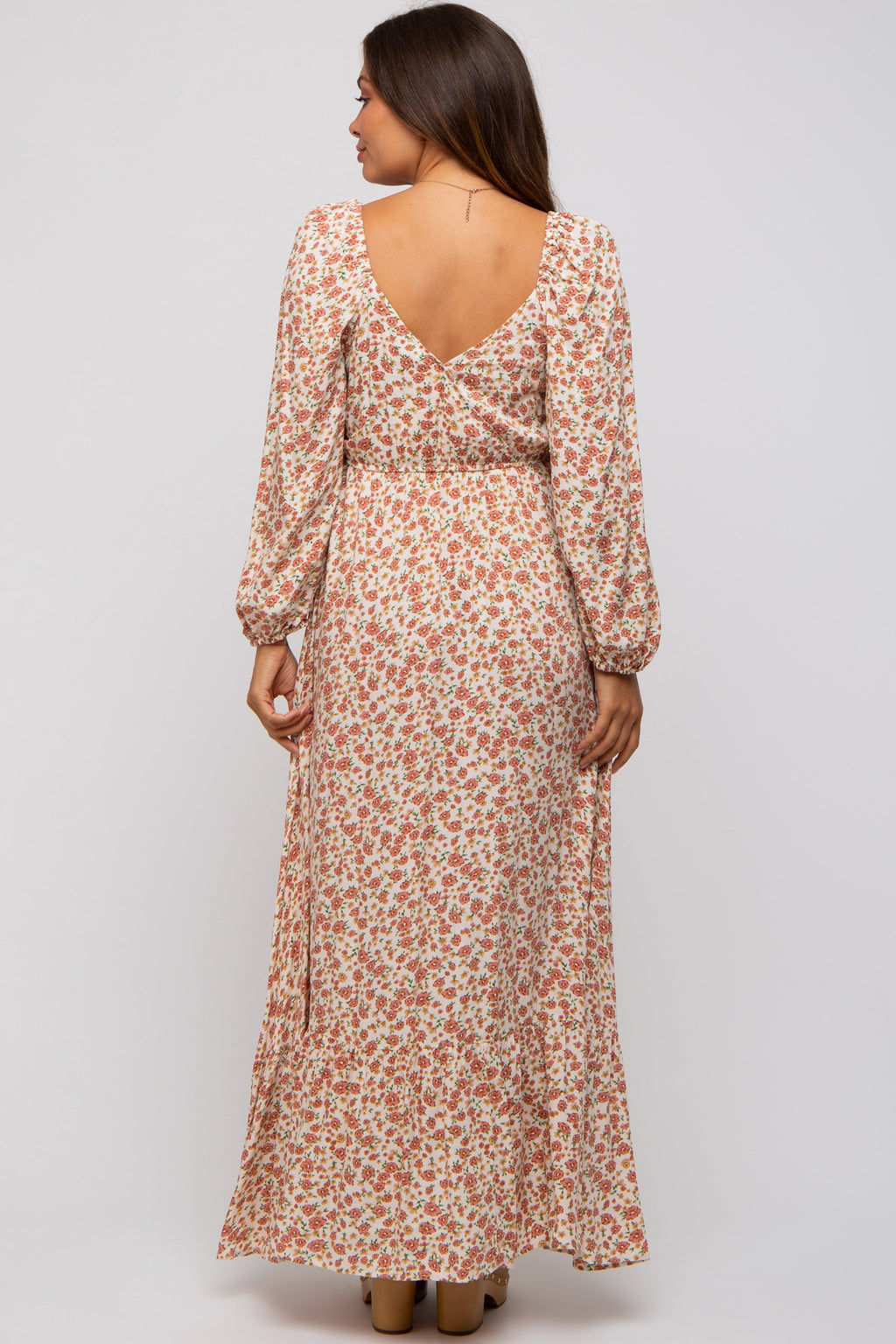 Cream Floral Square Neck Ruffle Maternity Maxi Dress