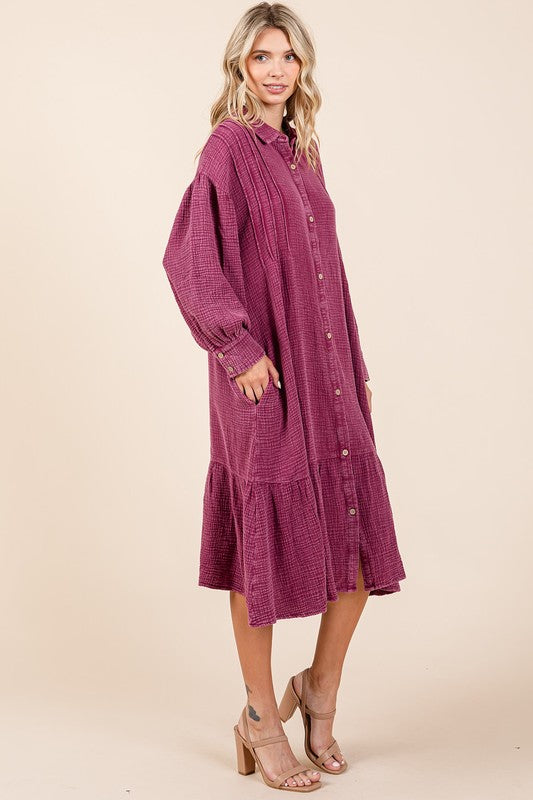 Mineral Wash Cotton Gauze Ruffle Midi Shirt Dress