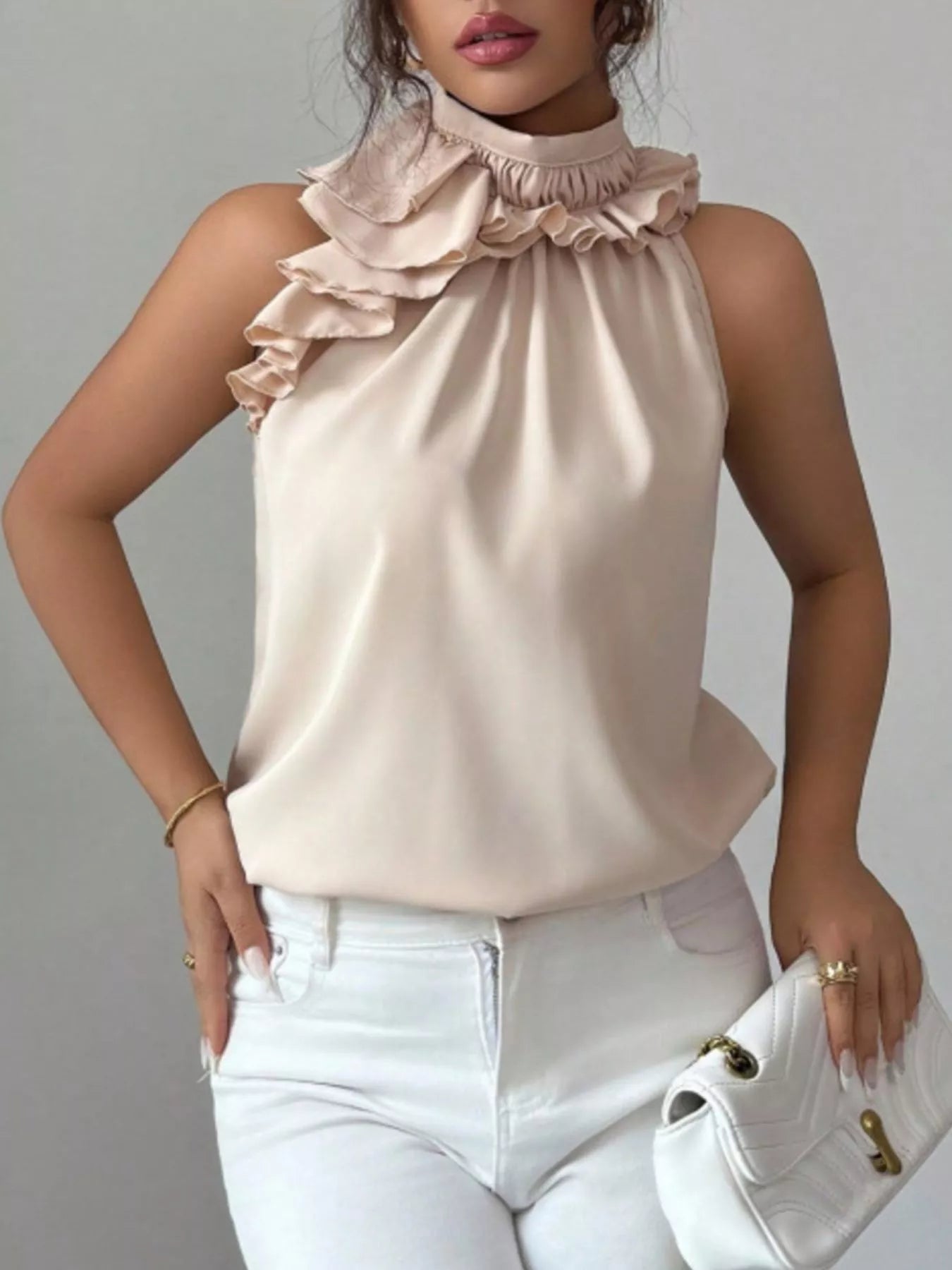 Ruffle High Neck Sleeveless Tank