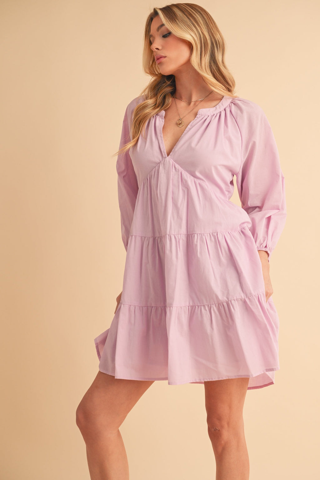 Lavender Cotton Tiered Mini Dress with Notched Balloon Sleeves