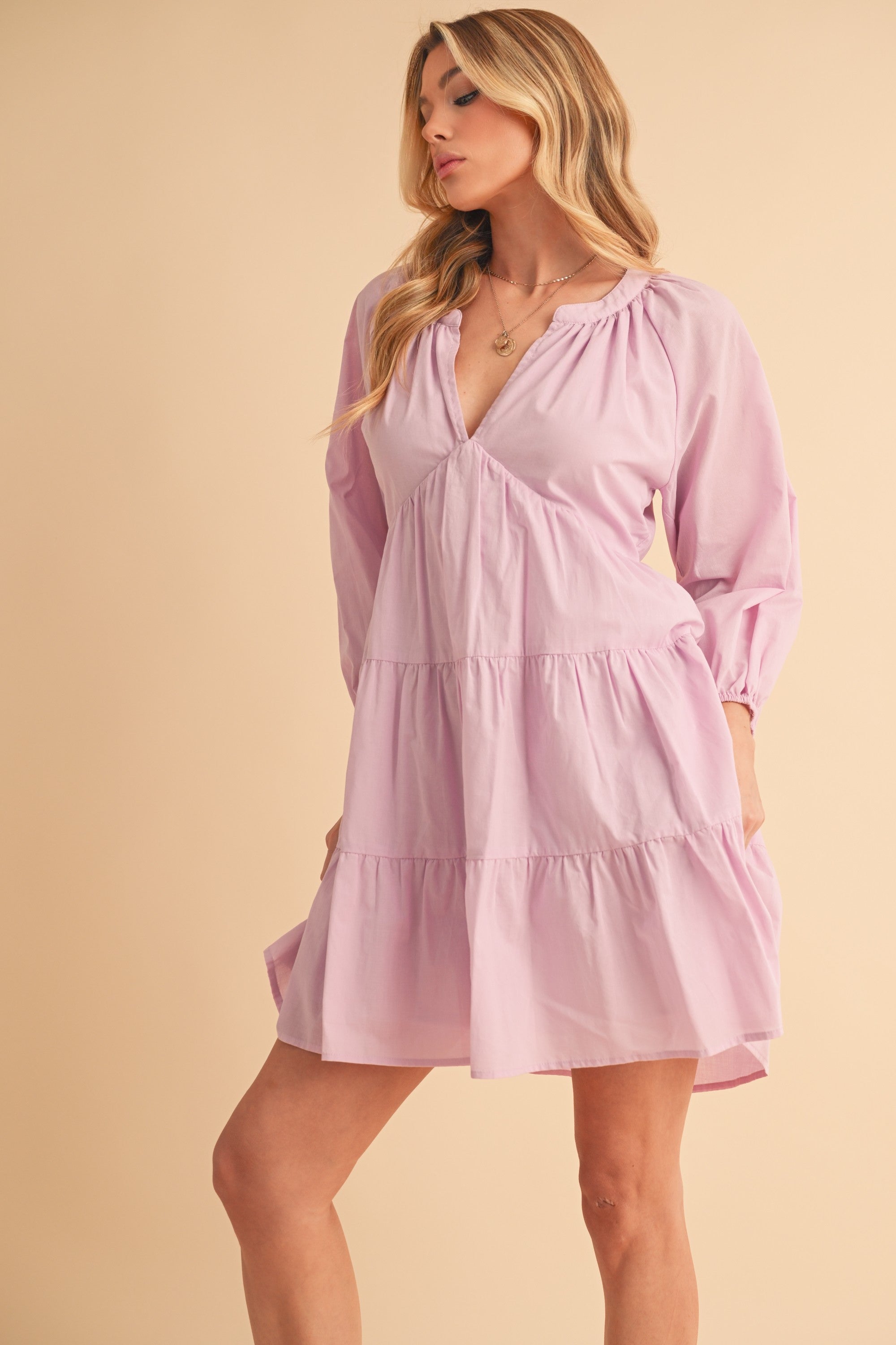 Lavender Cotton Tiered Mini Dress with Notched Balloon Sleeves
