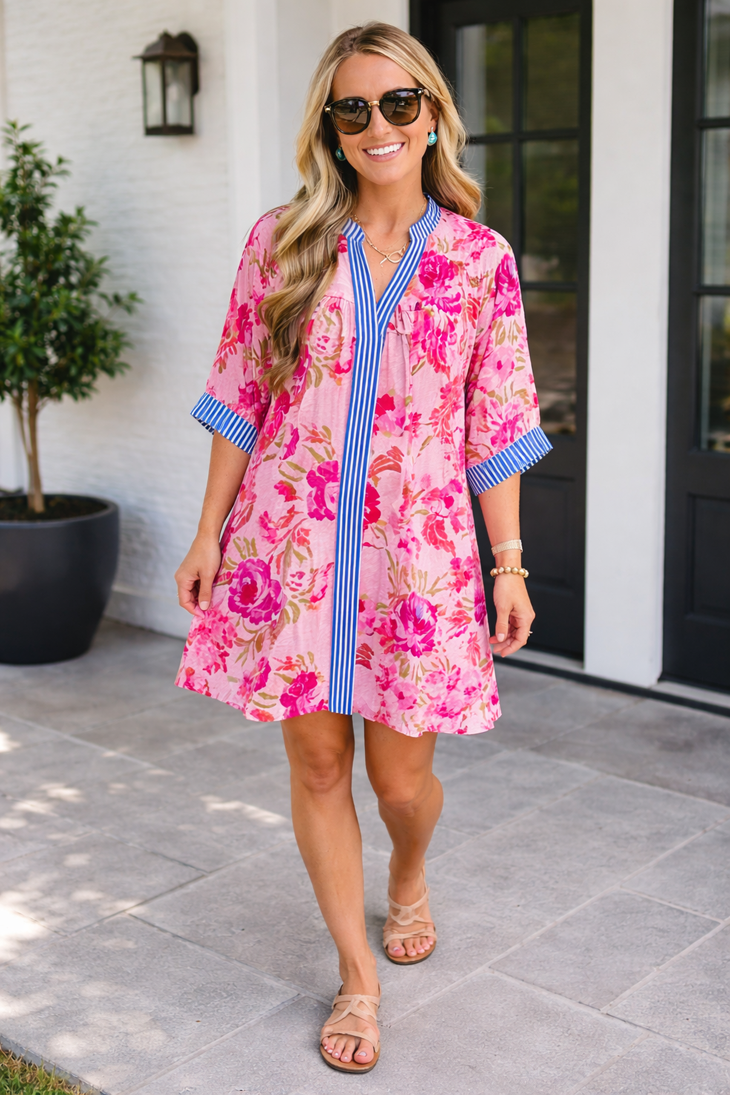 Rowan Half Sleeve Mini Dress in Pink Floral Resort Shift Style
