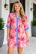 Rowan Half Sleeve Mini Dress in bright pink with fuchsia floral pattern and navy stripe trim