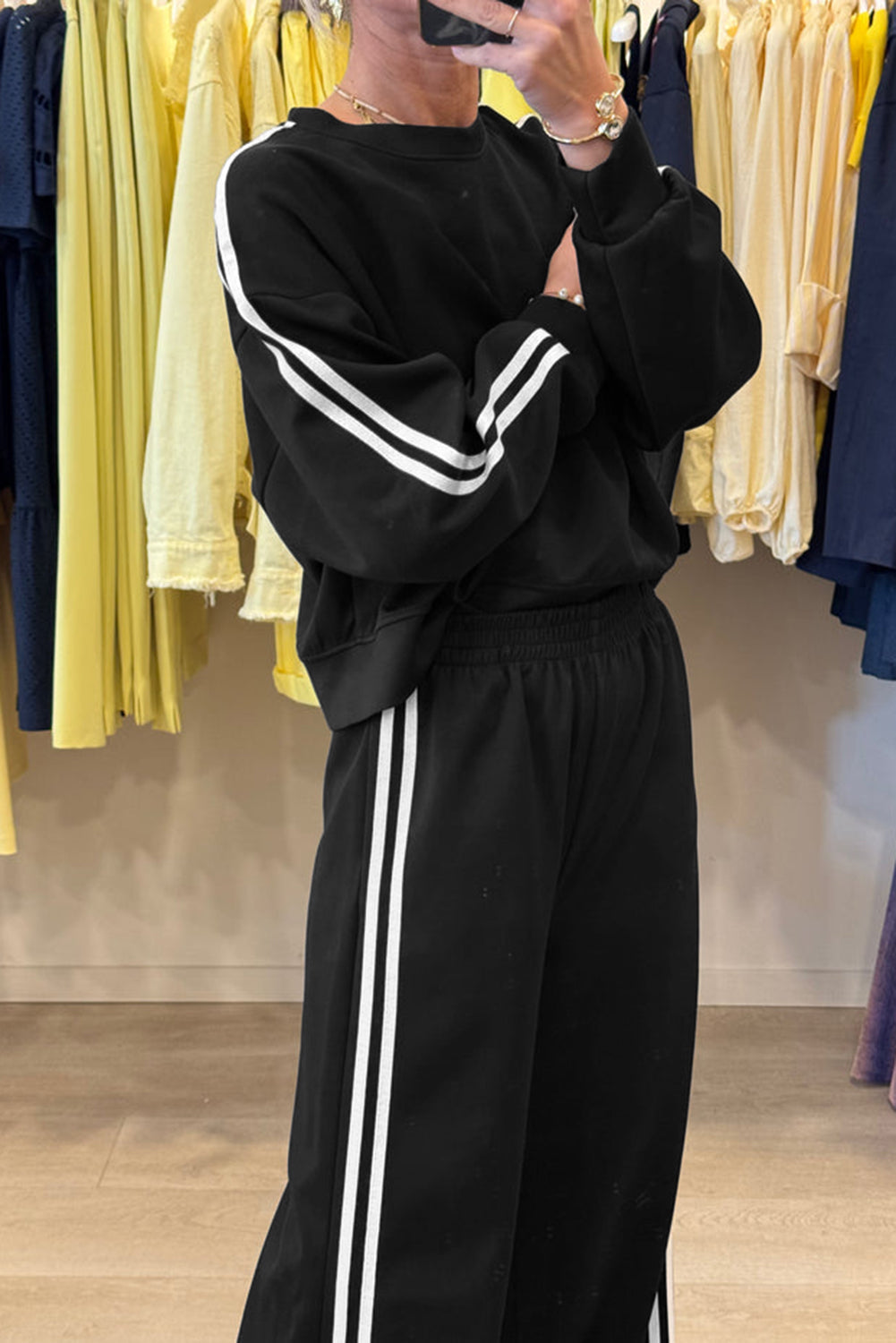 Oatmeal Varsity Striped Detail Cropped Pullover Wide Leg Pants 2pcs Outfit