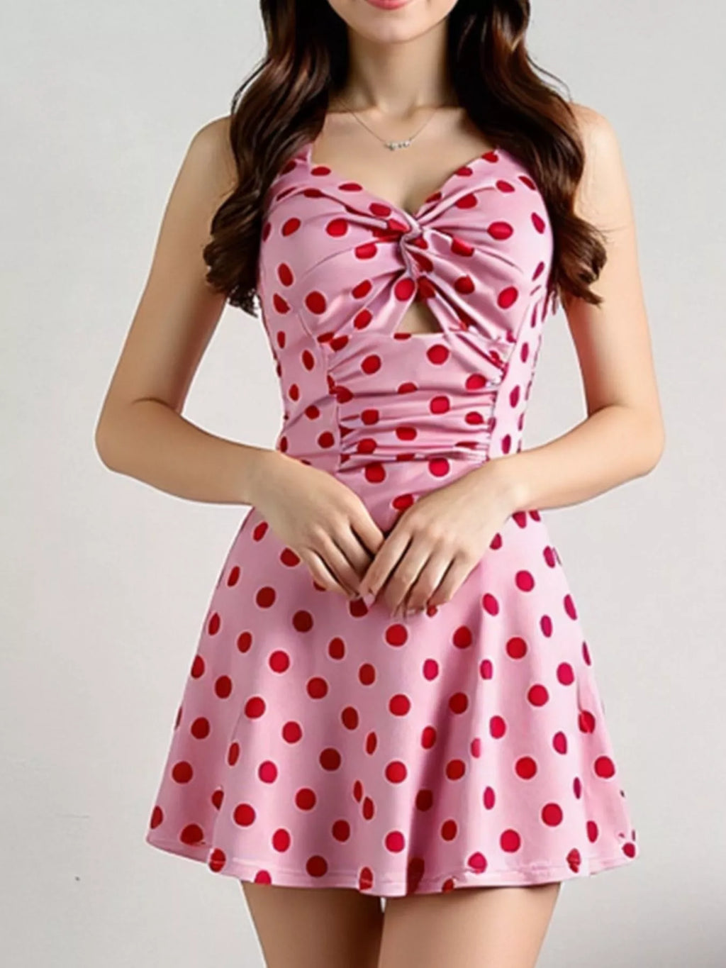 Polka Dot Halter Neck Twisted Front Mini Dress