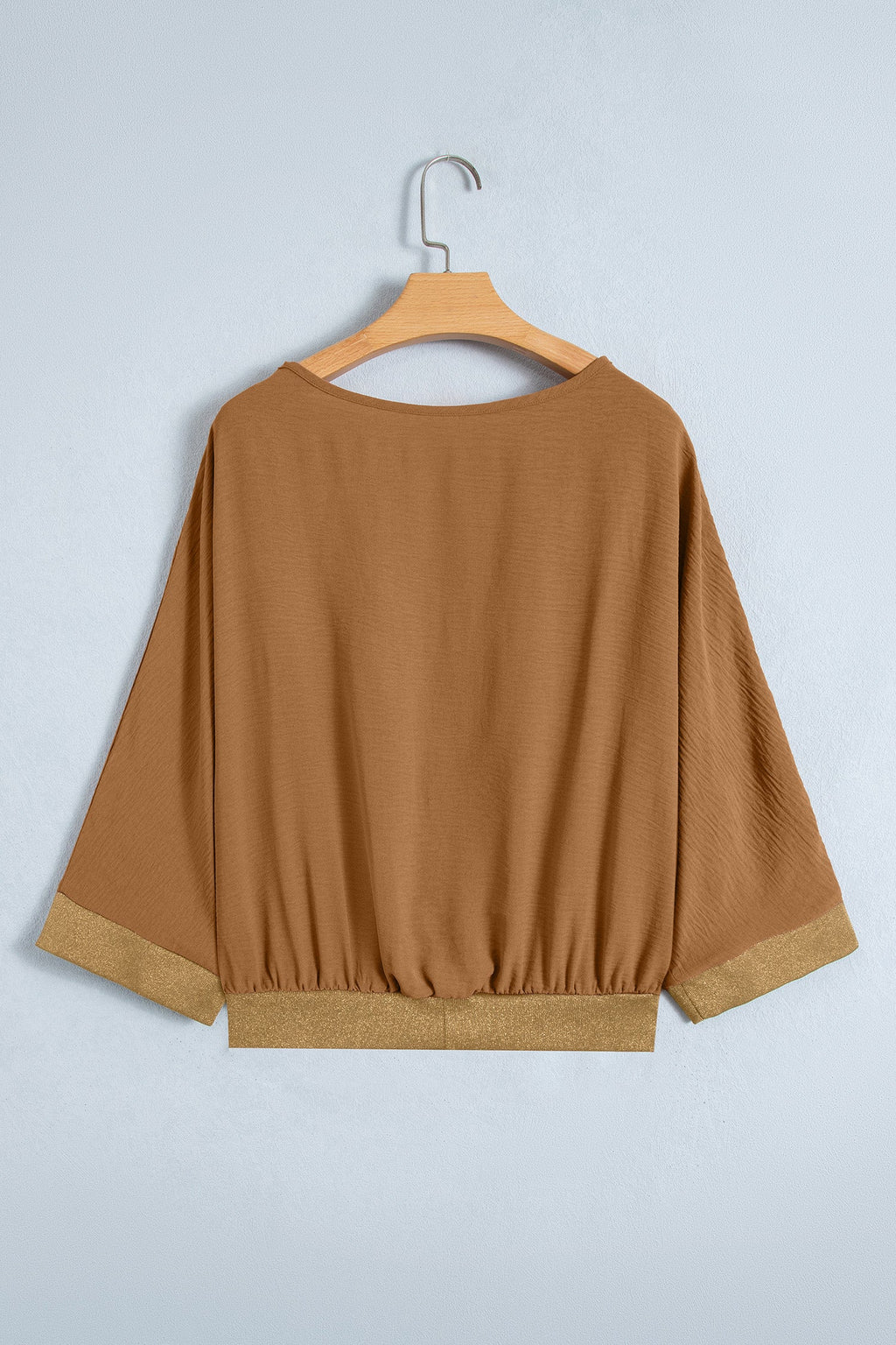 Metallic Trim 3/4 Sleeve Buttoned V-Neck Blouse