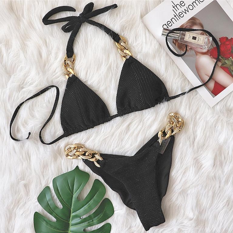 Retro Halter Triangle Bikini with Diamond Chain Cutout Detail