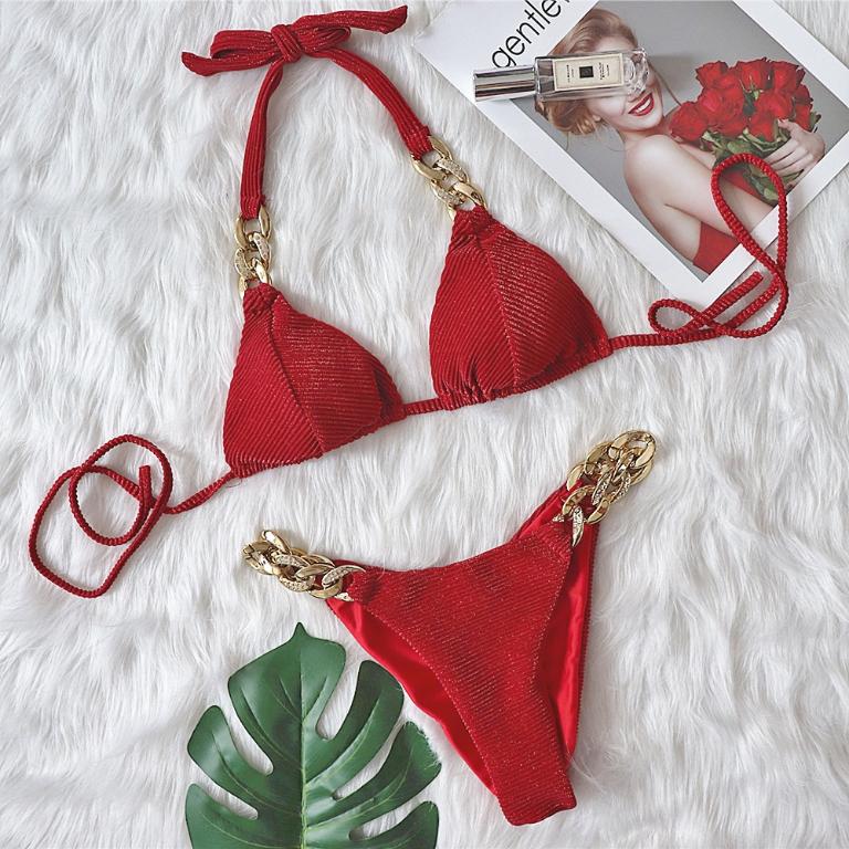 Retro Halter Triangle Bikini with Diamond Chain Cutout Detail