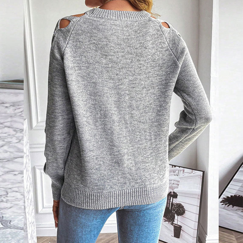 Women's Casual Long Sleeve Hollow Out Crewneck Sweater - Image 3