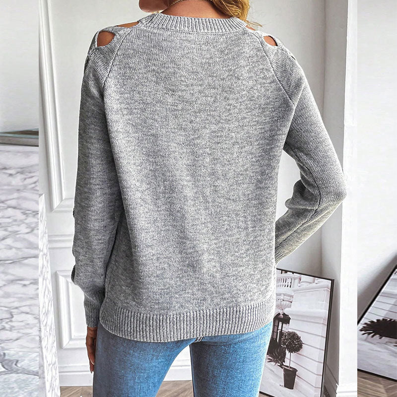 Women's Casual Long Sleeve Hollow Out Crewneck Sweater - Image 9