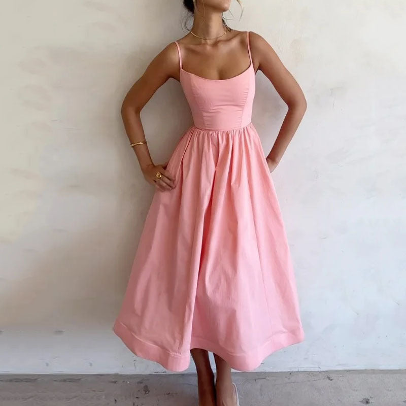 Women's Solid Color Sweet Suspender Midi Dress Summer Casual - Image 3