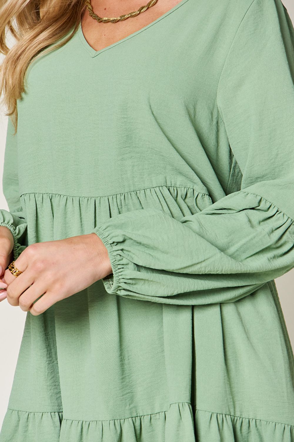 Light Green V-Neck Tiered Midi Dress with Side Pockets