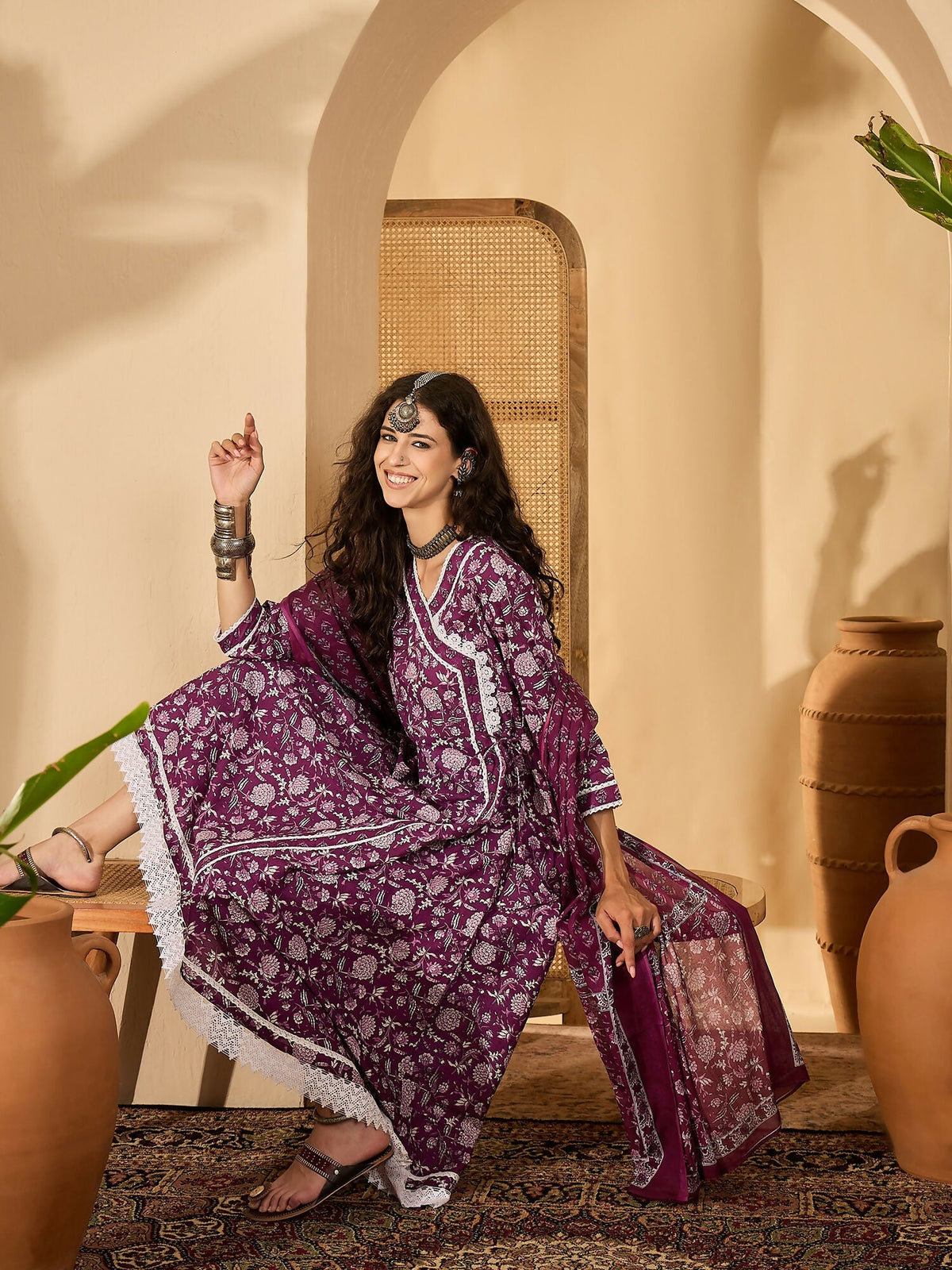 Purple Printed Pure Cotton Kurta Set for Women - Ethnic Wear