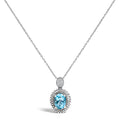 .925 Sterling Silver Oval Blue Topaz and Diamond Accent with Beaded Halo Pendant Necklace - 18" Inches