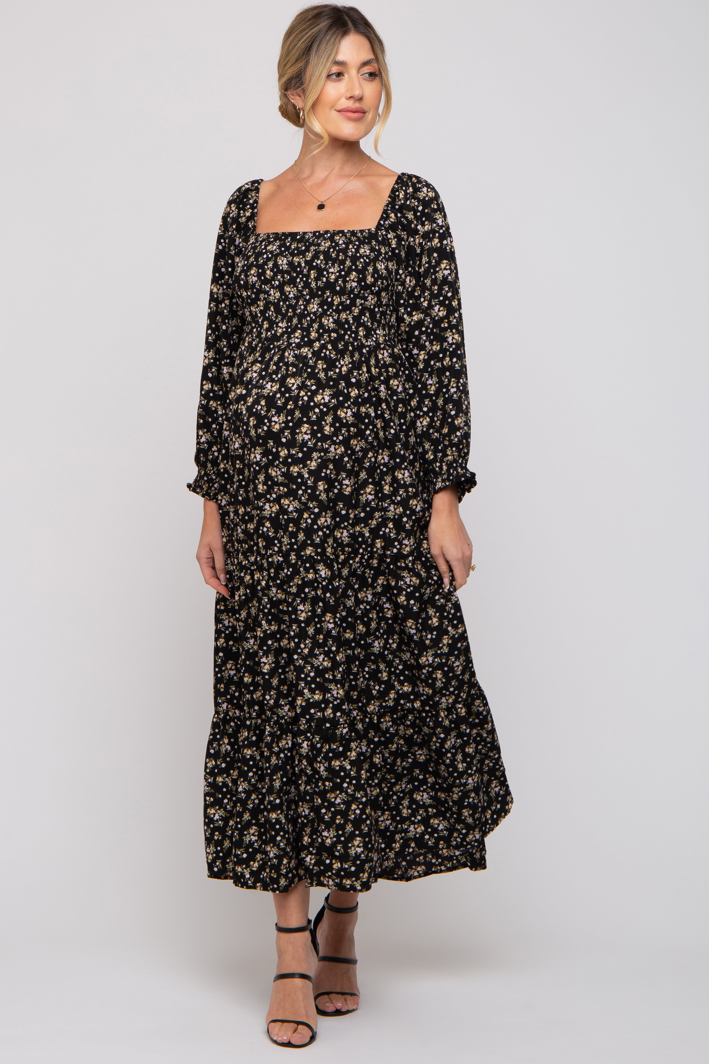 Black Floral Smocked Long Sleeve Maternity Maxi Dress