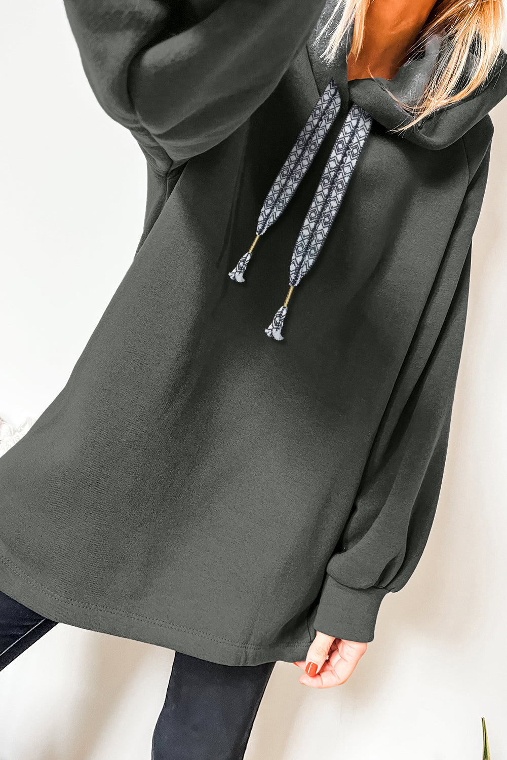 Raglan Sleeve Drawstring Hooded Tunic Sweatshirt