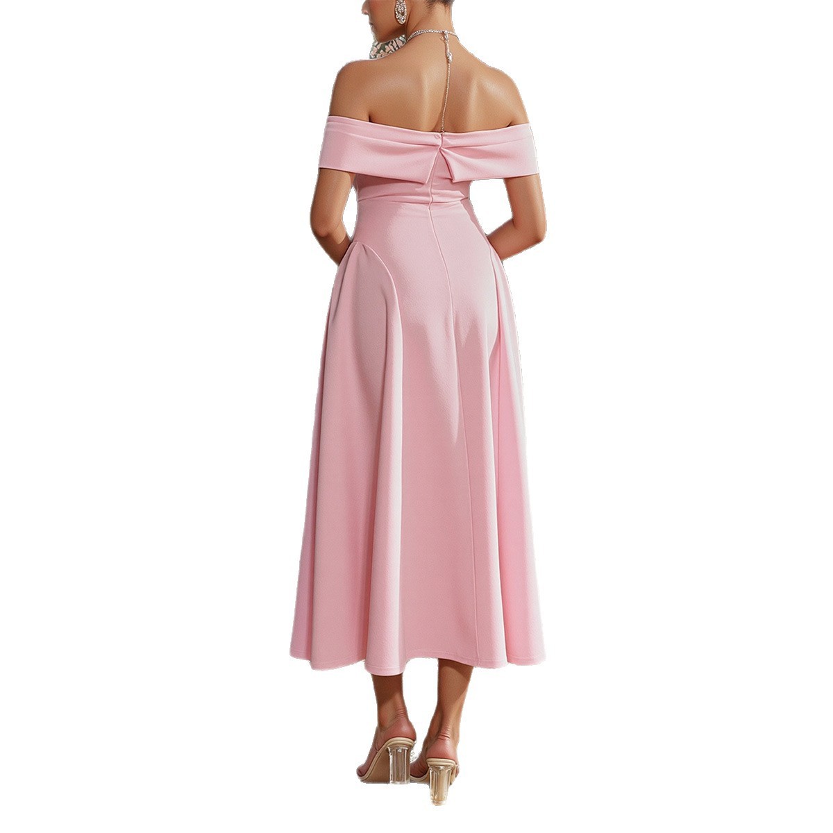 Off-Shoulder A-Line Midi Dress in Romantic Pink and Navy Blue