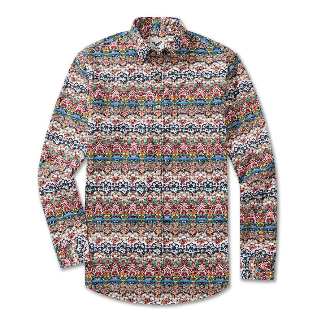 Men's Long Sleeve Hawaiian Shirt, Cotton Tropical Geometric Print