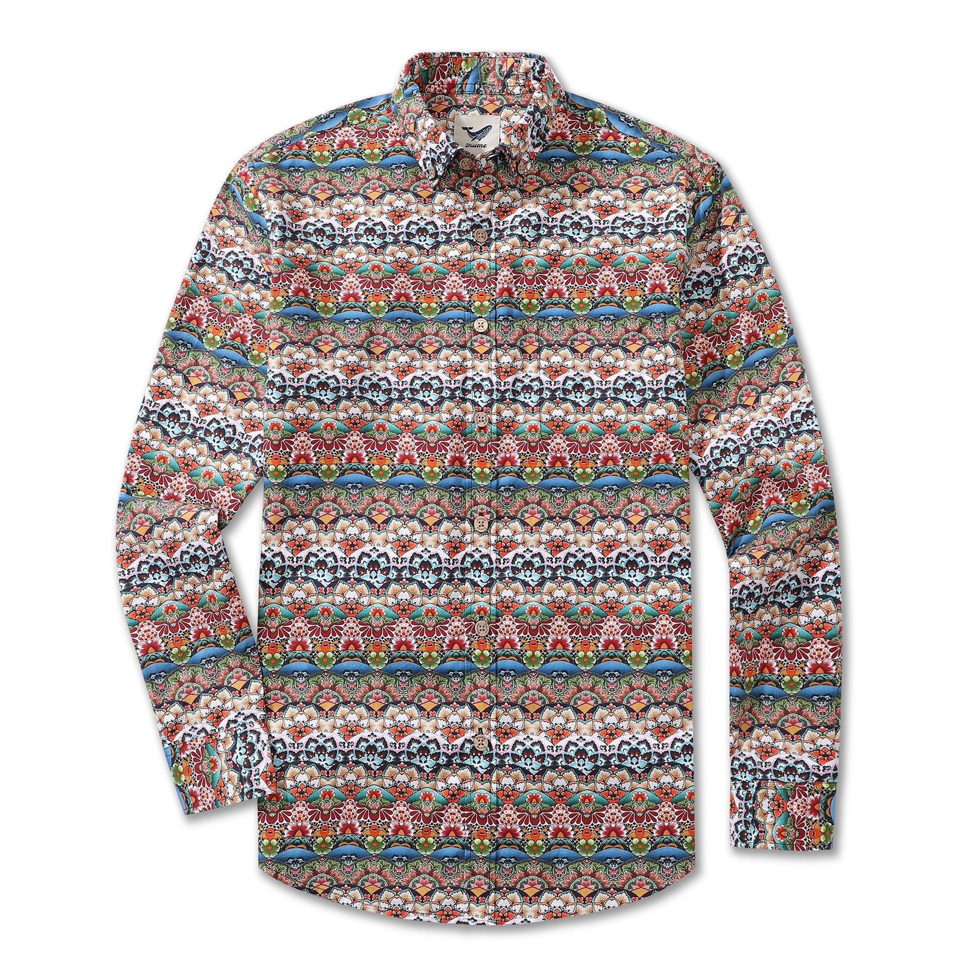 Men's Long Sleeve Hawaiian Shirt, Cotton Tropical Geometric Print