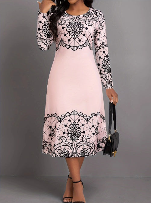 Women's Round Neck Printed Midi Dress with Black Lace Motif - Image 4