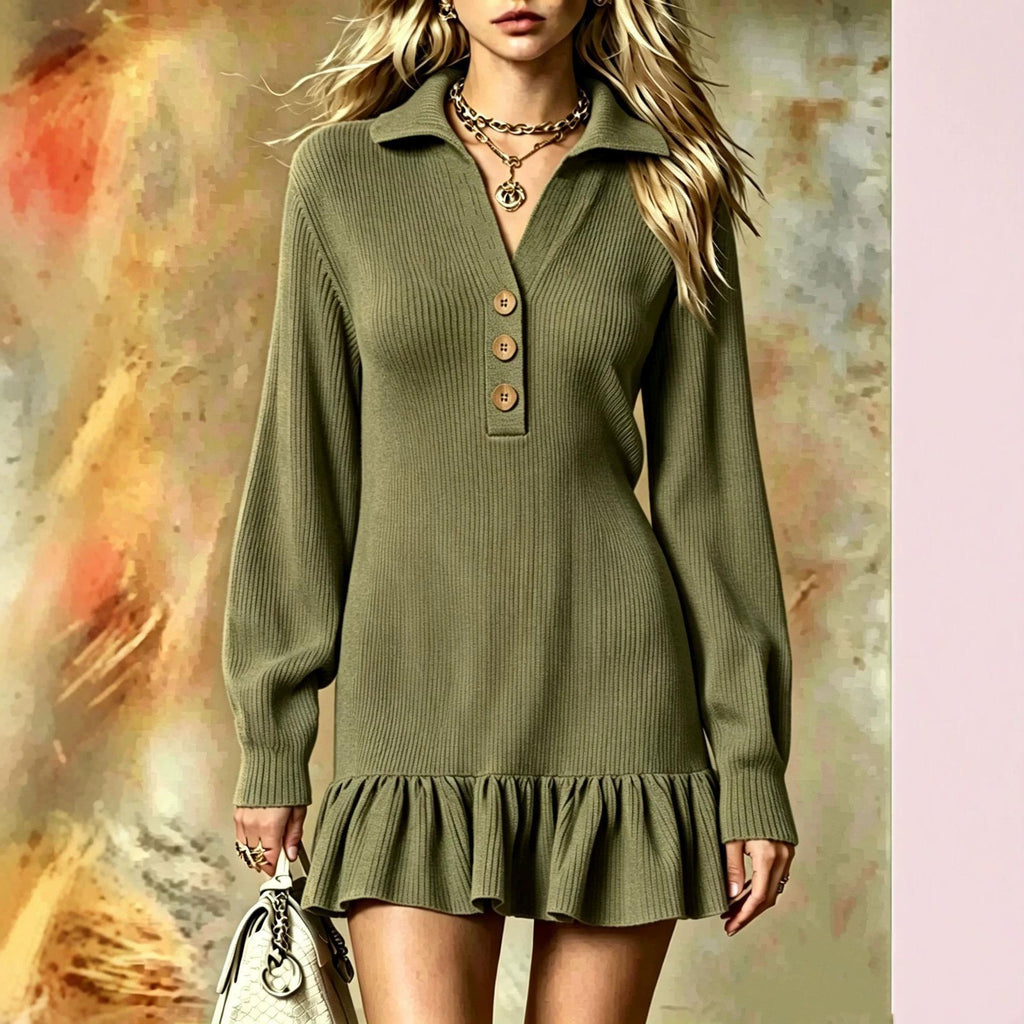 Ribbed Knit Polo Dress | Ruffle Hem Mini | Button-Neck Long Sleeve Dress
