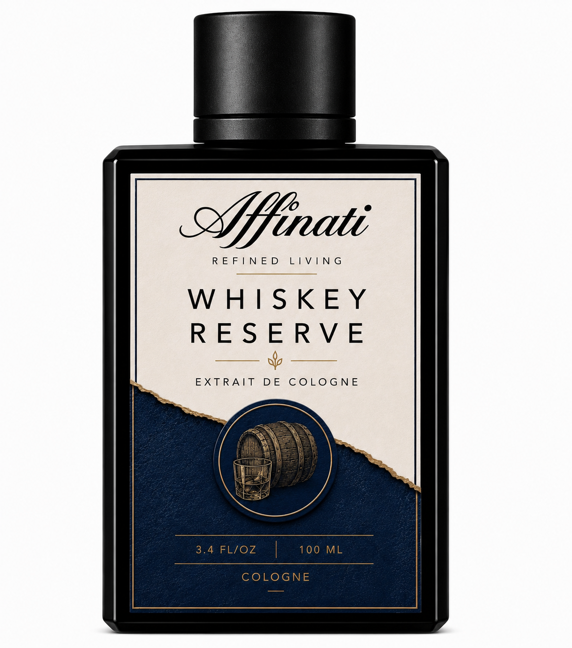 Whiskey Reserve Extrait de Cologne in a sleek black glass bottle, 100ml size.