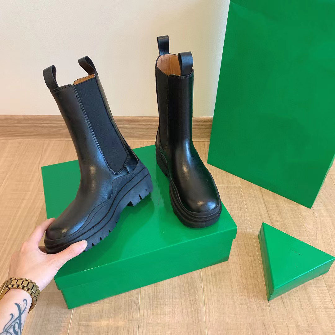 Women's Mid-Calf Chelsea Boots with Chunky Neon Green Sole - Image 9
