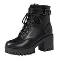 Women's Black Lace-Up Buckle Chunky Platform Combat Boots