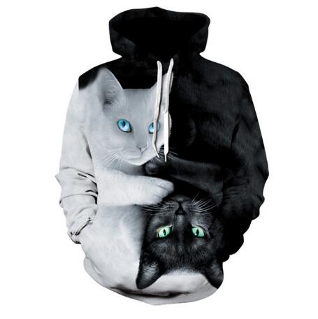 Playful Black White Cat 3D Print Hoodie with Blue Green Eyes - Image 2