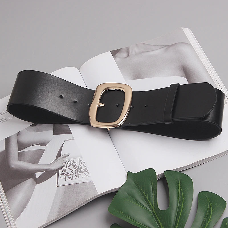 Wide Black Cowhide Waist Belt with Gold Buckle for Women - Image 5