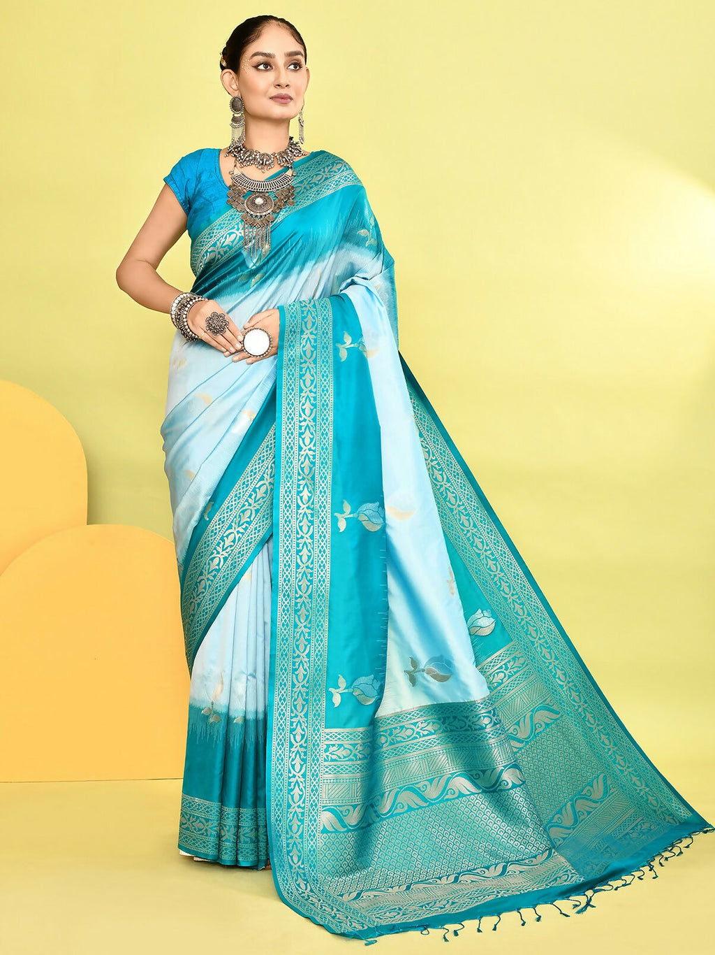 Sky Blue and Rama colored Banarasi Silk saree with decorative woven border