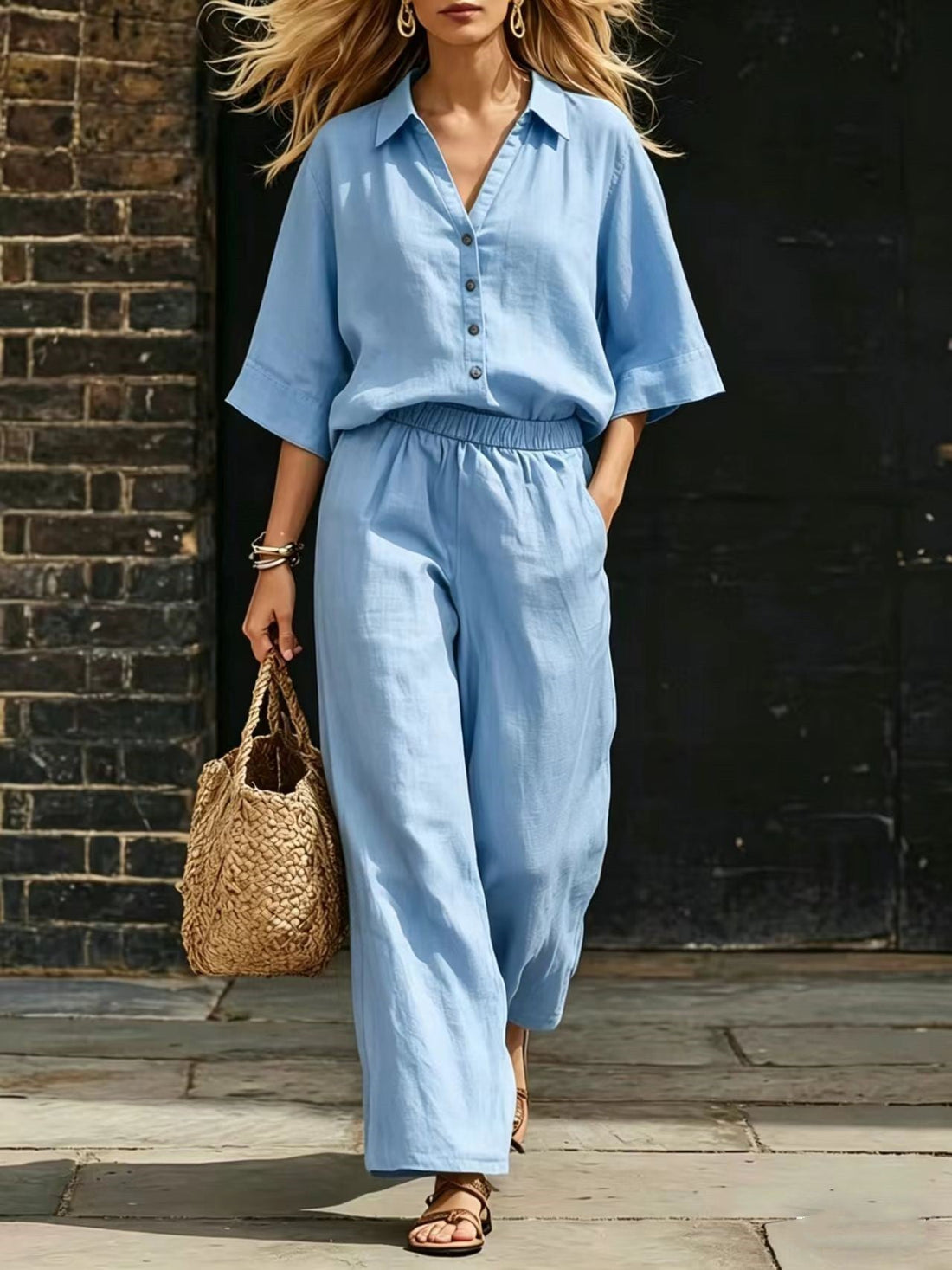 Women's Button-Down Shirt and Wide-Leg Pants Two-Piece Set - Image 6