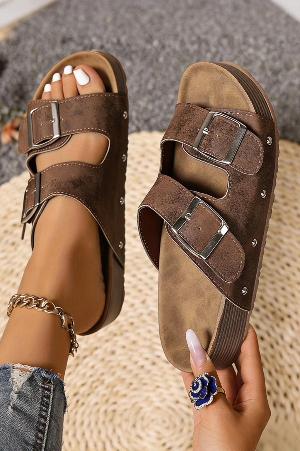 Medium Grey Retro Double Buckle PU Leather Faux Suede Platform Slippers