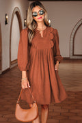 Alyssa Split Neck Scallop Detail Pleated Corduroy Mini Dress