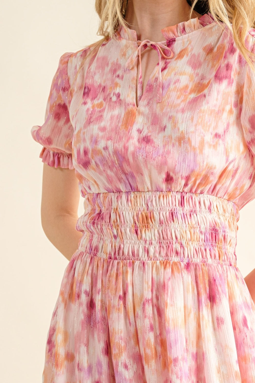 Smocked Waist Printed Midi Dress: Elegant Floral Flutter Sleeve