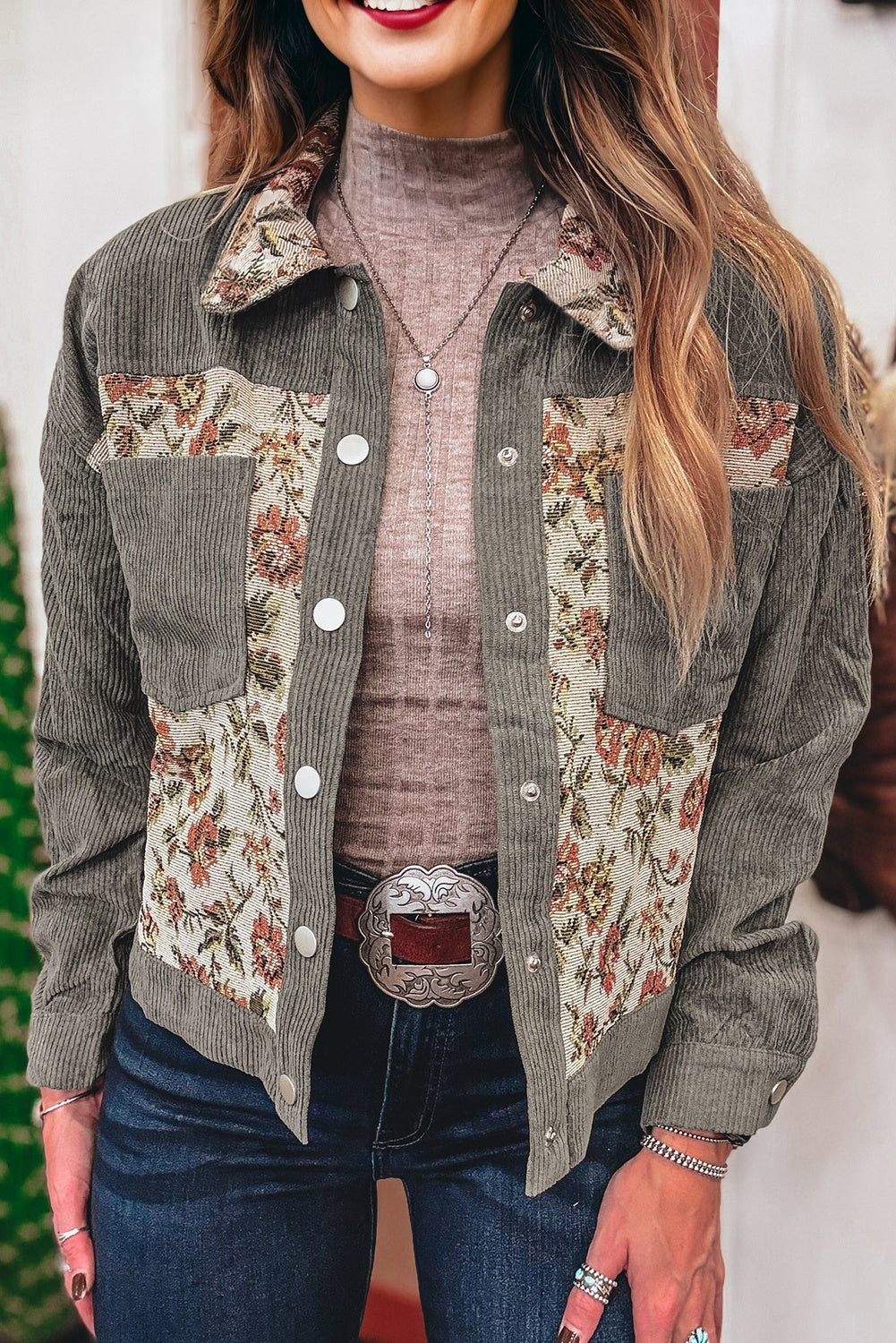 Medium Grey Ribbed Retro Floral Patchwork Shirt Style Jacket
