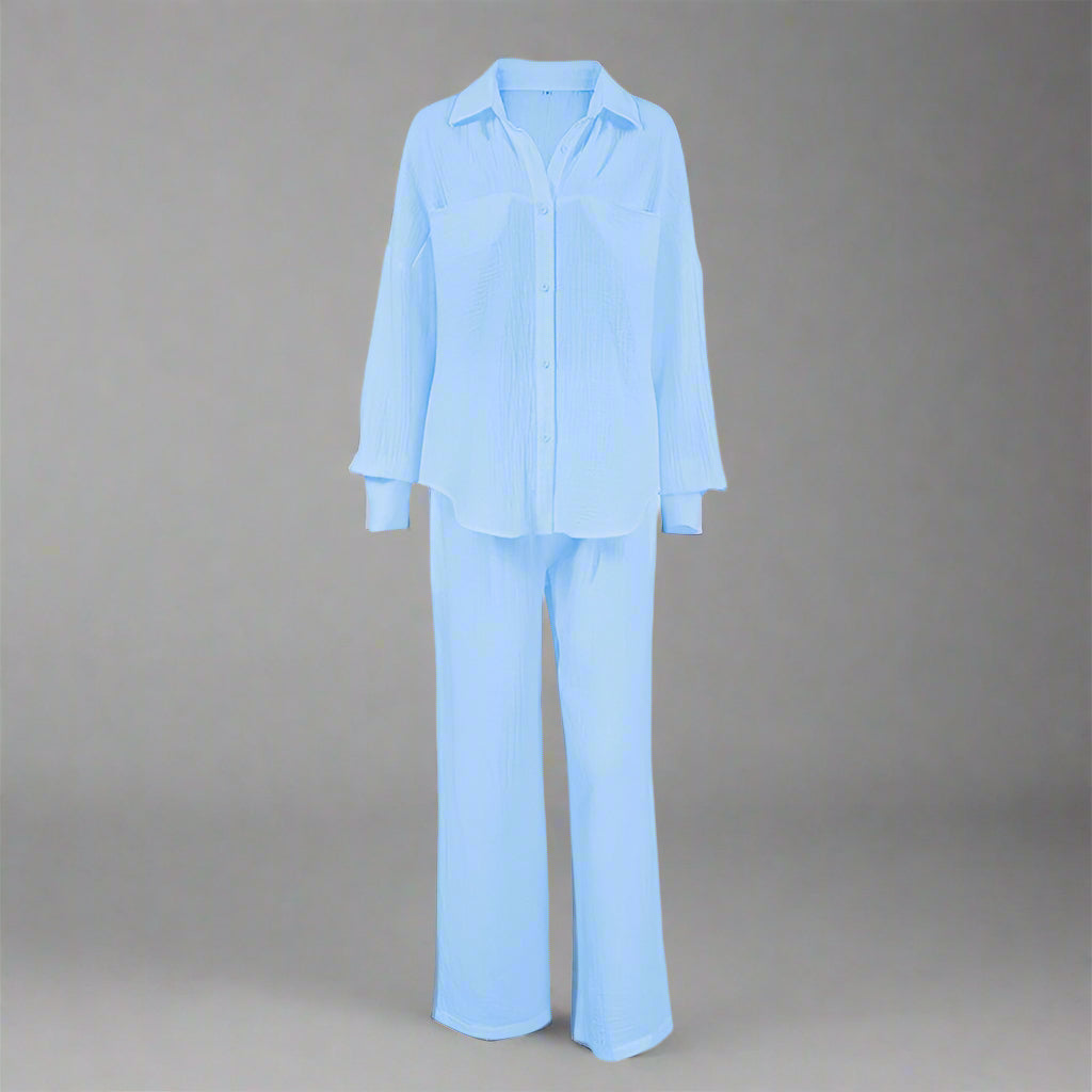 Women's Solid Color Casual Button Down Lounge Set Two Piece