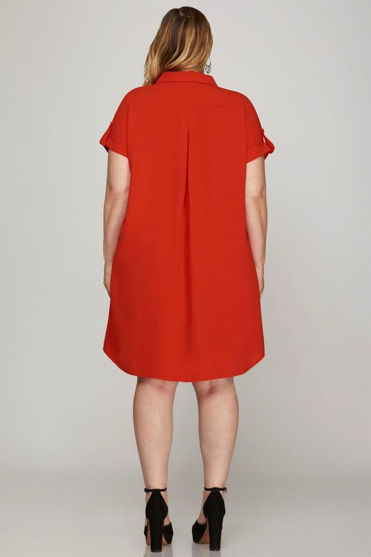 Deep Red Button-Down Shirt Dress with Short Sleeves