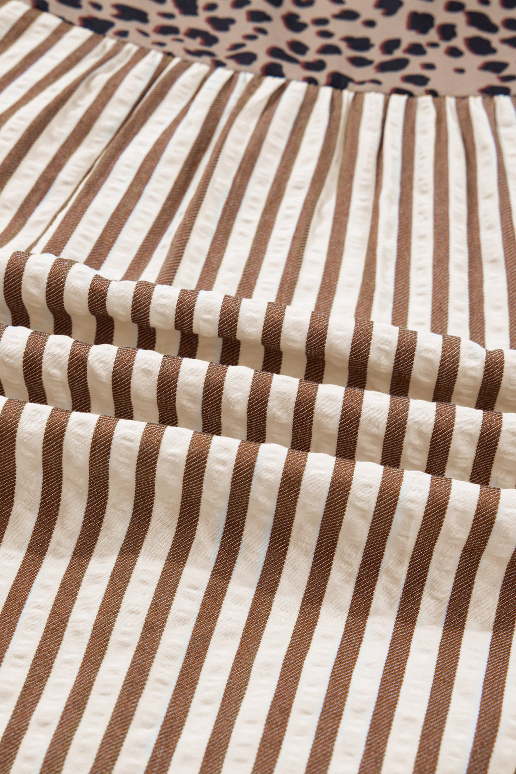 Brown Stripe Leopard Trim V Neck Button Down Half Sleeve Shirt