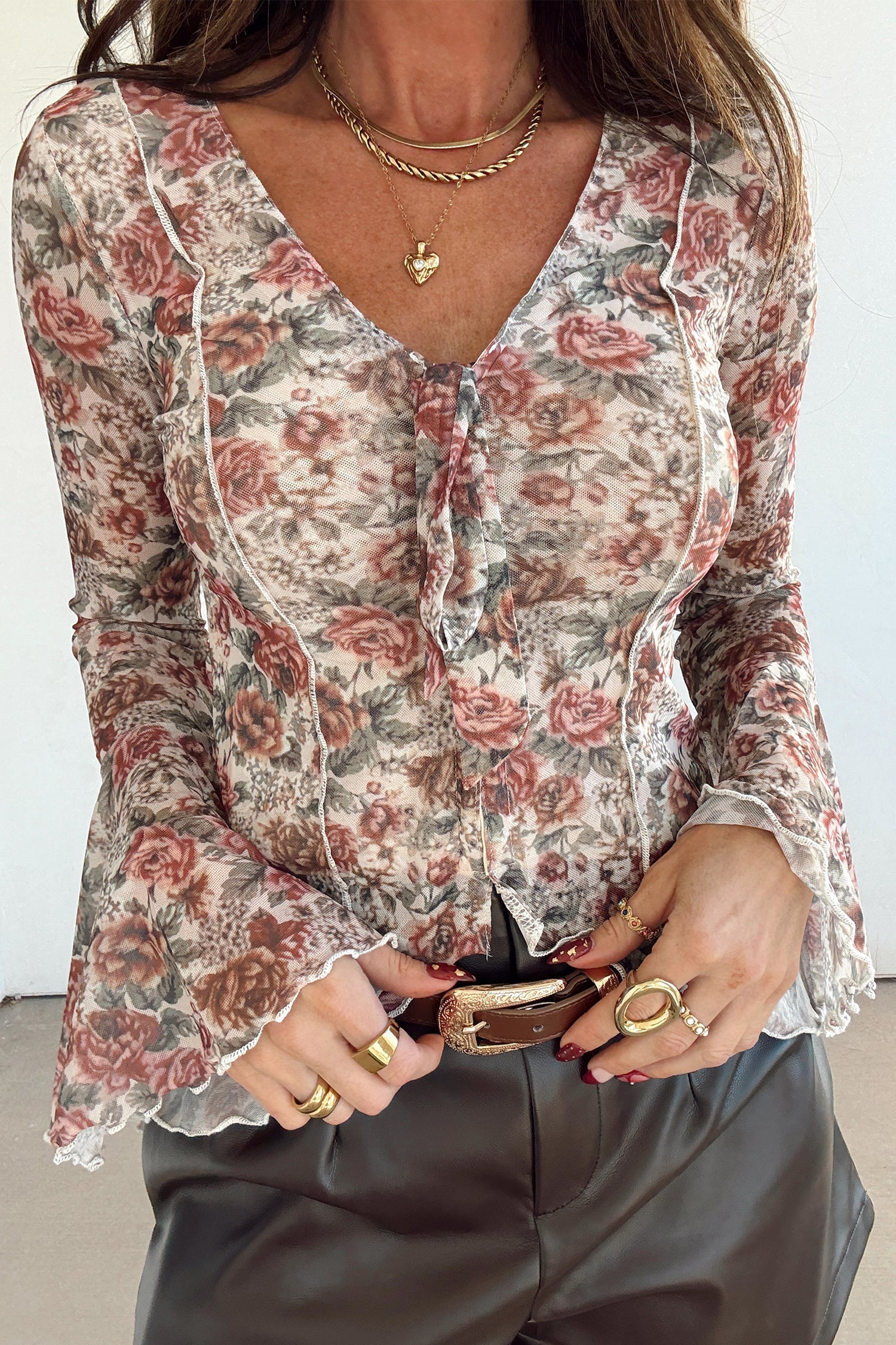 Red Floral Print Stitched Detail Tie V Neck Long Bell Sleeve Blouse