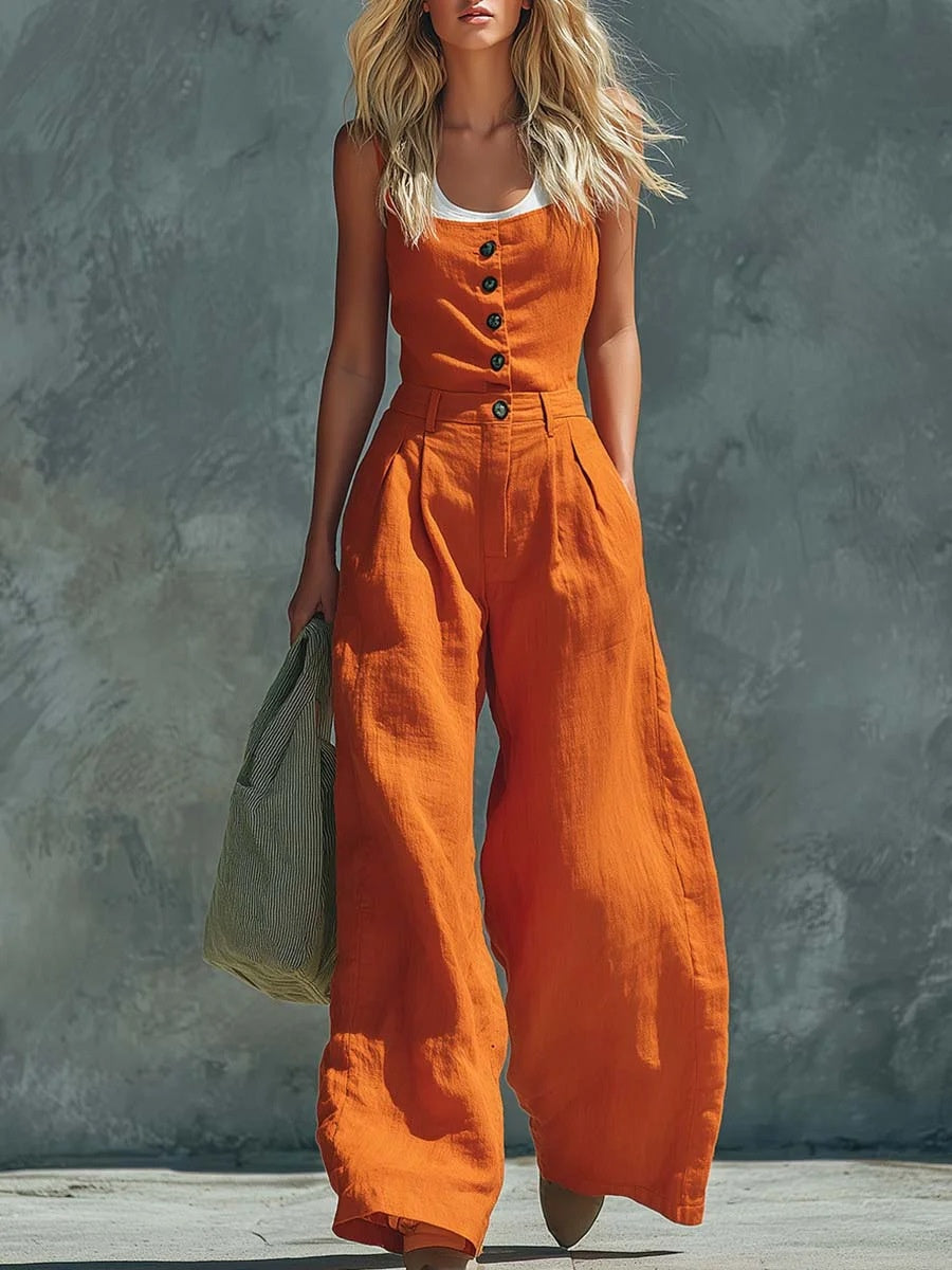 Women's Retro Button-Front High-Waist Wide-Leg Jumpsuit - Image 4