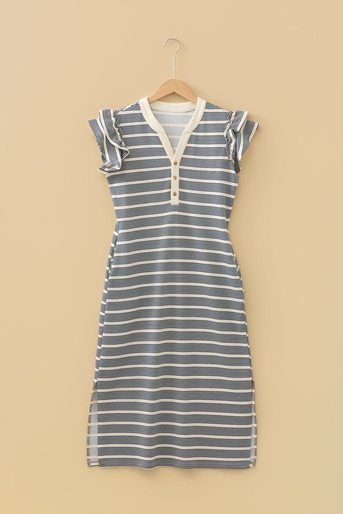 Stripe Ruffle Short Sleeve Contrast Trim Midi Dress