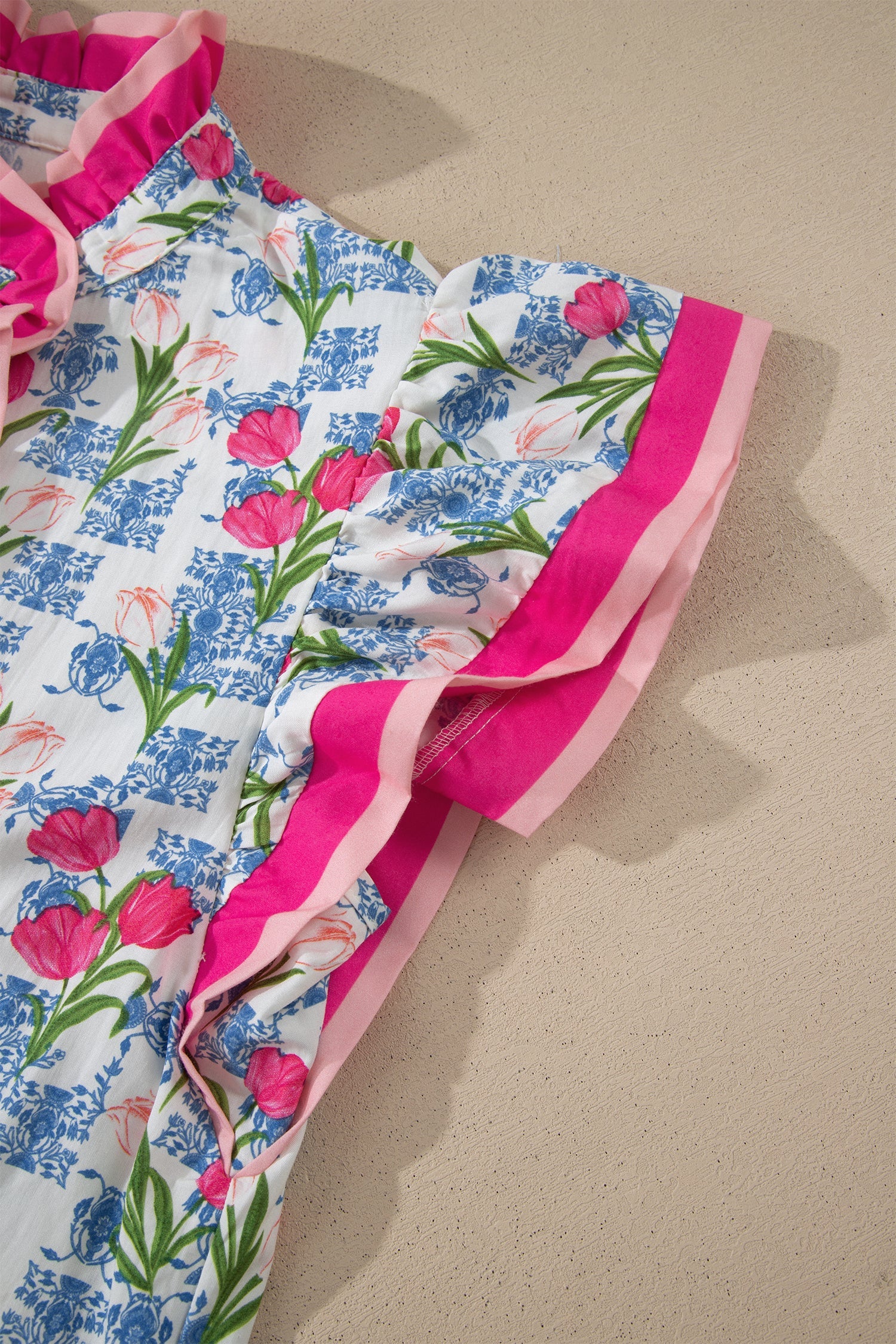 Aya Flutter Sleeve Half Blouse in White, Pink, and Blue