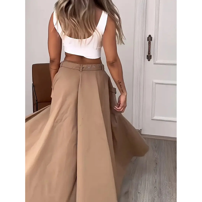 Women’s White Crop Top and Khaki Slit Skirt Matching Set - Image 3
