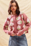 Strawberry All-Over Button Cardigan in Marsala