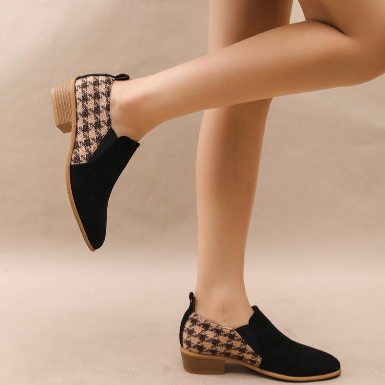 Women's Houndstooth Slip-On Mid Block Heels Round Toe Dress Shoes - Image 4