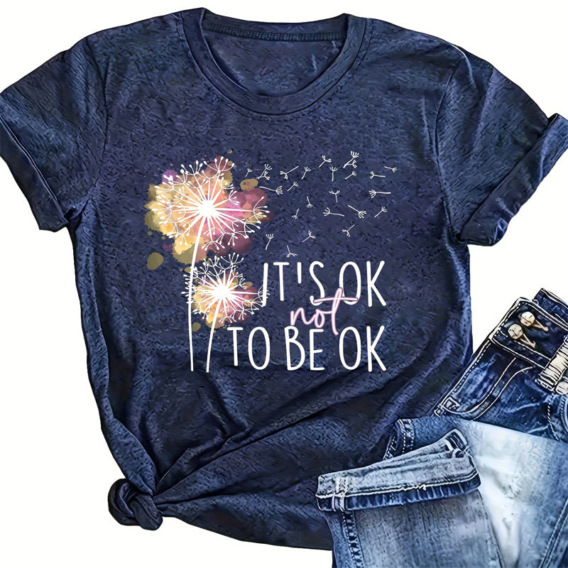 Women's dark blue short sleeve t-shirt with dandelion graphic and text print