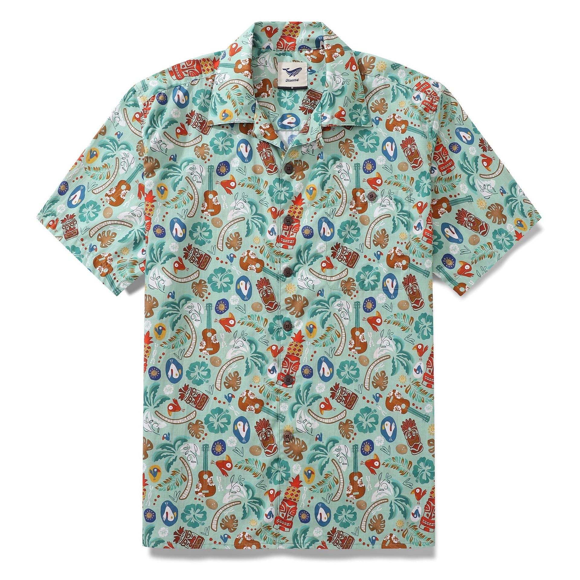 Men's blue-green TIKI print 100% cotton camp collar Hawaiian shirt.